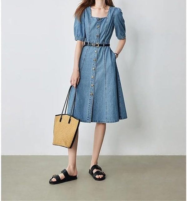 Women Office Denim Midi Dress Square Neck Puff Sleeve Slim Fit Pencil Skirt Dress Workwear Stretch Dress