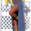 Women's High Split Long Denim Skirt Sexy Tie Knot High Waisted Stretchy Trendy Irregular Jean Skirts Streetwear