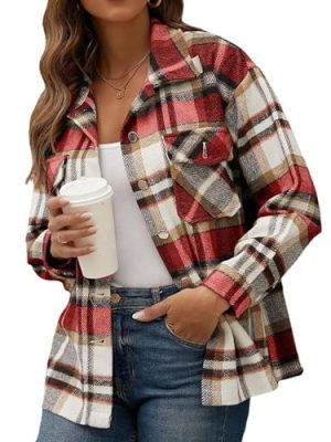 Womens Casual Flannel Plaid Shirts Shacket Jacket Oversized Fall Coat Long Sleeve Shirts Button Down Blouse Tops Outfits