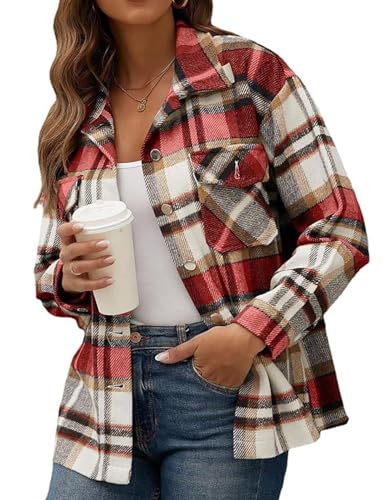 Womens Casual Flannel Plaid Shirts Shacket Jacket Oversized Fall Coat Long Sleeve Shirts Button Down Blouse Tops Outfits