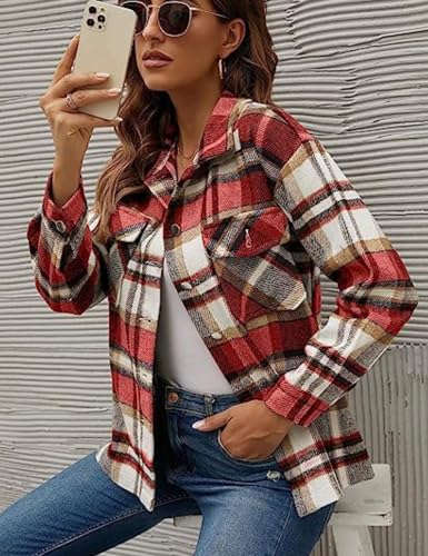Womens Casual Flannel Plaid Shirts Shacket Jacket Oversized Fall Coat Long Sleeve Shirts Button Down Blouse Tops Outfits