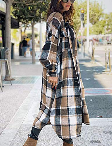 Women's Flannel Plaid Shacket Fall Oversized Long Button Down Shirt Jacket Shackets