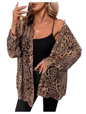 Women's Leopard Cheetah Sheer Mesh Button Down Shirt Long Sleeve Drop Shoulder Blouse Top