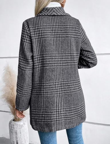 Long Wool Plaid Blazer for Women Fall Outfits Winter Trench Coat Long Sleeve Casual Dressy Lapel Jacket Peacoat