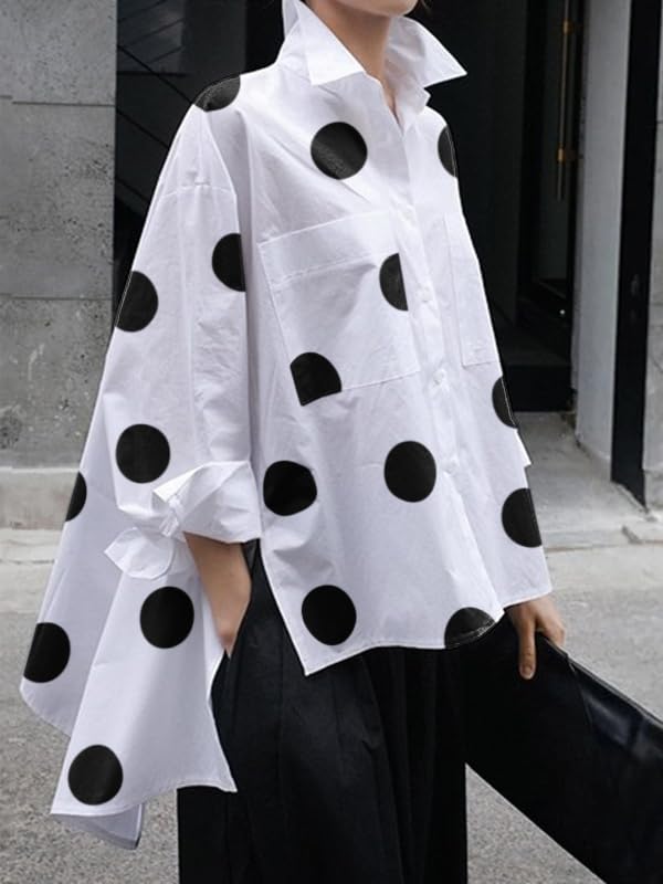 Women's 2025 Loose Flowy Blouse Tops Polka Dot Long Sleeve Button Down Side Slit High Low Hem Tunic Shirt