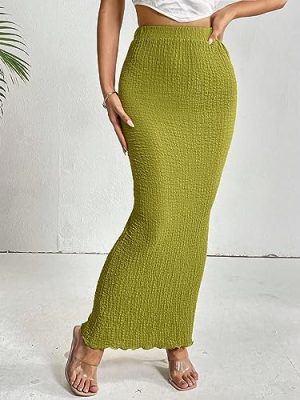 Solid Lettuce Trim Pencil Skirt - High Waist, Long Length, Regular Fit, Green (Color : Green, Size : Large)