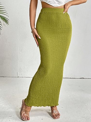 Solid Lettuce Trim Pencil Skirt - High Waist, Long Length, Regular Fit, Green (Color : Green, Size : Large)