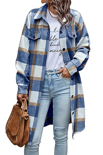 Womens Plaid Shacket Jacket Fall Fashion 2025 Long Sleeve Button Up Flannel Shirt Winter Clothing Woolen Coats