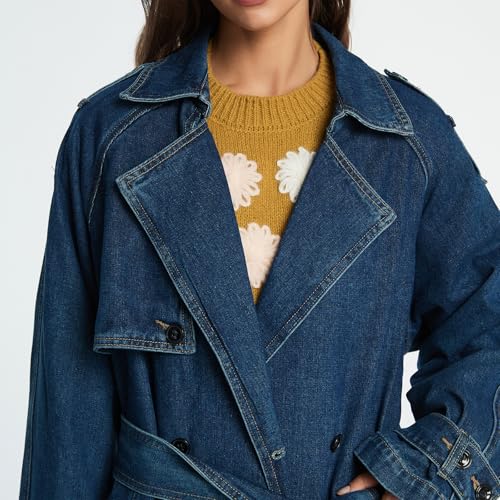 Women's Lapel Denim Trench Coat Long Sleeve Double Midi Classic Breasted Jackets With Belt