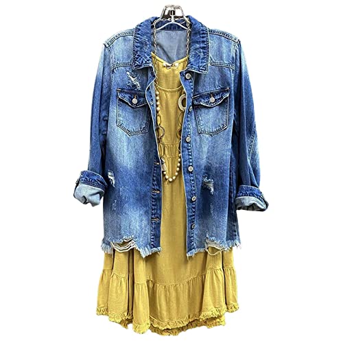 Womens Denim Ripped Distressed Button Down Mid Long Casual Jean Jackets