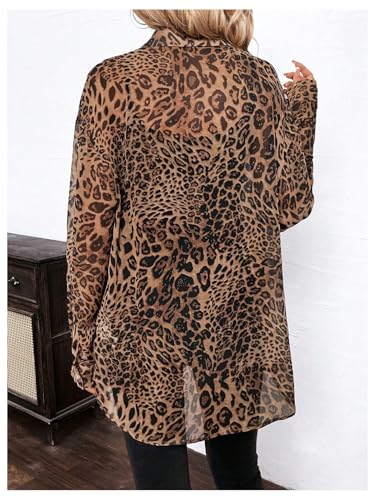 Women's Leopard Cheetah Sheer Mesh Button Down Shirt Long Sleeve Drop Shoulder Blouse Top