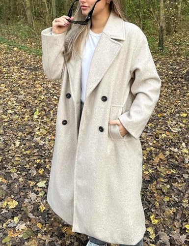 Women's Notched Collar Wool Blend Pea Coat Winter Double Breasted Trench Coat Long Oversized Button Down Overcoats