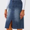 Women's Denim Skirt High Waist Slit Hem Stretch Bodycon Pencil Skirt Knee Length Jean Skirts