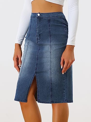 Women's Denim Skirt High Waist Slit Hem Stretch Bodycon Pencil Skirt Knee Length Jean Skirts