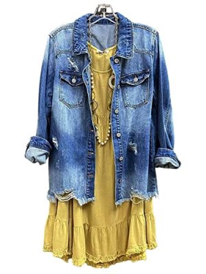 Women Denim Shirt Jacket Long Sleeve Shacket Coat Distressed Washed Ripped Frayed Hem Jean Jacket
