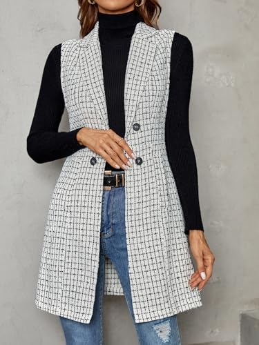 Women's Tweed Plaid Long Blazer Vest Sleeveless Trendy Fall Business Casual Dressy Work Blazer Jackets 2025