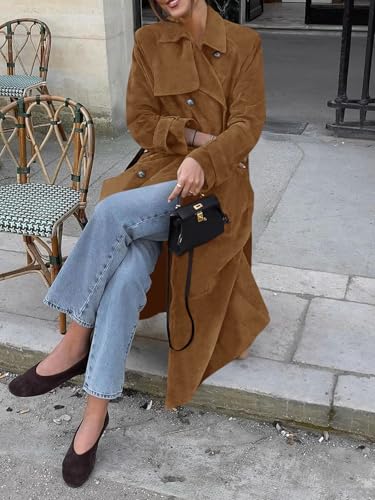 Womens Long Trench Coat Fall Faux Suede Jackets Double Breasted Lapel Pea Coat with Belt