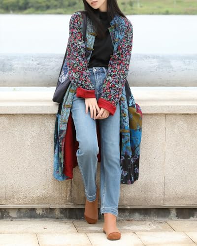 Women’s Flower Patchwork Coat Cotton Linen Trench Coat Women Jacket Vintage Boho Long Overcoat with Pockets