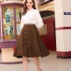 Women's Vintage Stretch High Waist A-Line Flared Midi Skirts with Pockets & Belts