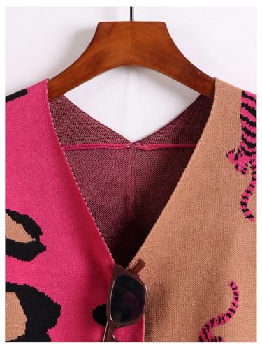 Women's Leopard Tiger Print Cardigan V Neck Long Sleeve Color Block Button Down Sweater Outwear