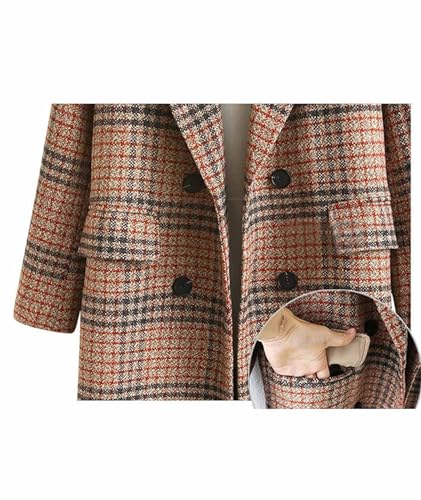 Women's Plaid Trench Coat Oversize Double Breasted Lapel Jacket Mid-Long Winter Pea Coat Overcoat