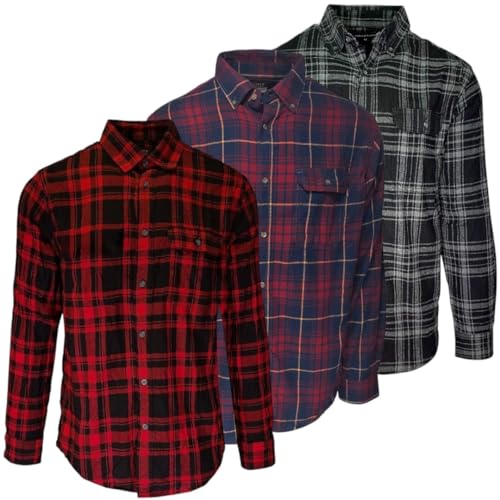 Men's Button Down Regular Fit Long Sleeve Plaid Flannel Casual Shirts - Multi Packs