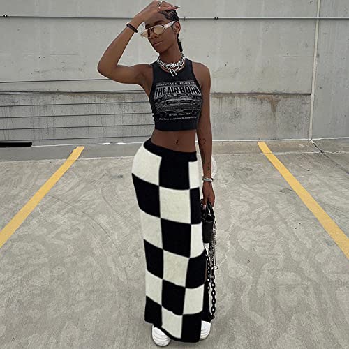 Women High Waist Plaid Elastic Long Skirts Side Split Knit Bodycon Midi Skirt