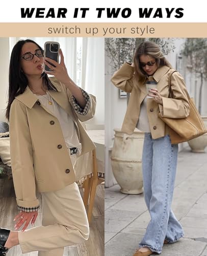 TITOMD Women Crop Trench Coat Single Breasted Check Lining Lightweight Cropped Jackets Fashion Outerwear