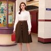 Women's Vintage Stretch High Waist A-Line Flared Midi Skirts with Pockets & Belts