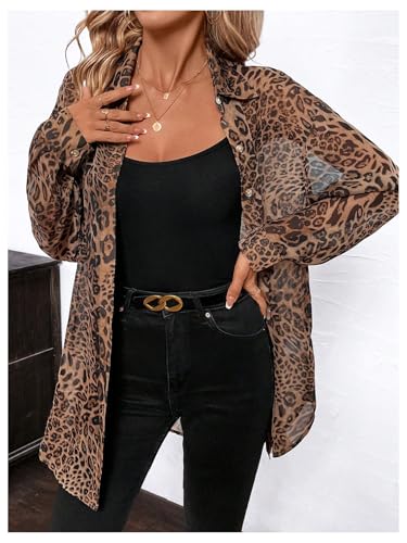 Women's Leopard Cheetah Sheer Mesh Button Down Shirt Long Sleeve Drop Shoulder Blouse Top