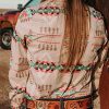 Women's Retro Aztec Shirt Western Cowgirl Pearl Snap Blouses Button Up Long Sleeve Ethnic Printed Top