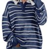 Womens Striped Swaters Button Collared Polo Shirts Oversized Long Sleeve Chunky Knit Trendy Pullover Tops