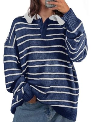 Womens Striped Swaters Button Collared Polo Shirts Oversized Long Sleeve Chunky Knit Trendy Pullover Tops