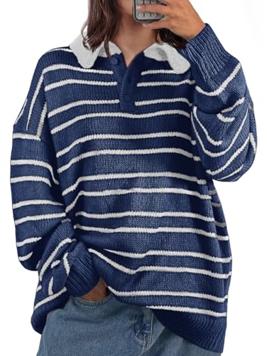 Womens Striped Swaters Button Collared Polo Shirts Oversized Long Sleeve Chunky Knit Trendy Pullover Tops