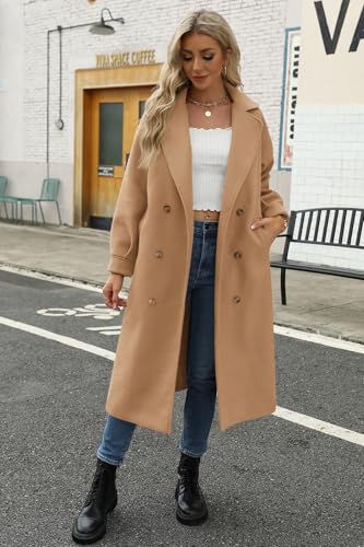 Women's Long Coat Notched Lapel Collar Double Breasted Pea Coat Winter Elegant Wool Blend Over Coats Jackets