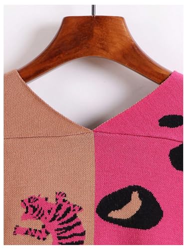 Women's Leopard Tiger Print Cardigan V Neck Long Sleeve Color Block Button Down Sweater Outwear