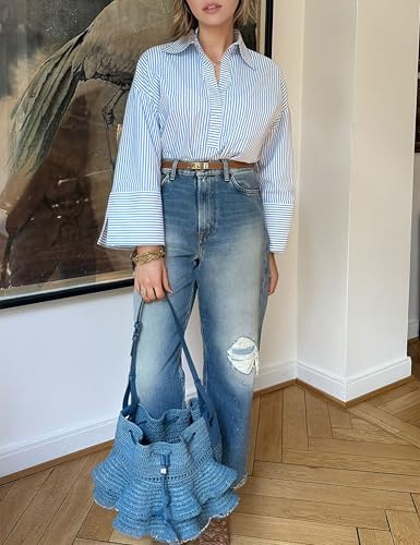 Women Button Down Shirt Casual Striped Print Dress Shirts Long Sleeve Collared Office Work Blouses Tops
