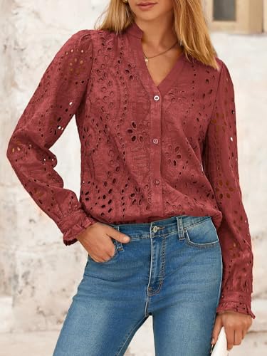 Women's Fall Fashion Long Sleeve Shirts Button Down Dressy Casual Blouses V Neck Eyelet Embroidery Hollow Out Tops