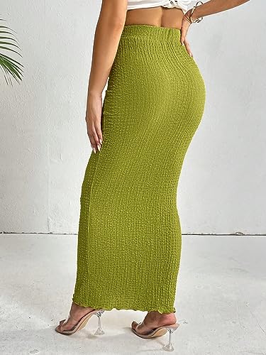 Solid Lettuce Trim Pencil Skirt - High Waist, Long Length, Regular Fit, Green (Color : Green, Size : Large)
