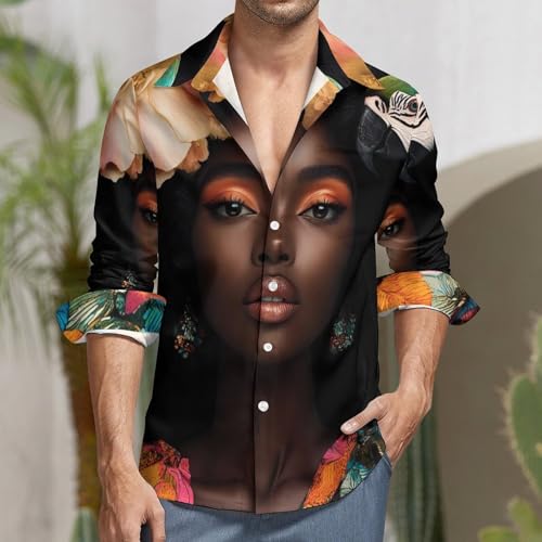 African USA Woman Mens Long Sleeve Shirt Casual Button Down Dress Shirts