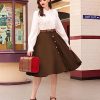 Women's Vintage Stretch High Waist A-Line Flared Midi Skirts with Pockets & Belts
