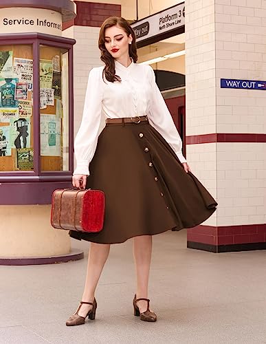 Women's Vintage Stretch High Waist A-Line Flared Midi Skirts with Pockets & Belts