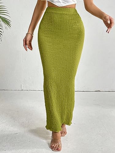 Solid Lettuce Trim Pencil Skirt - High Waist, Long Length, Regular Fit, Green (Color : Green, Size : Large)