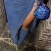 Women's High Split Long Denim Skirt Sexy Tie Knot High Waisted Stretchy Trendy Irregular Jean Skirts Streetwear