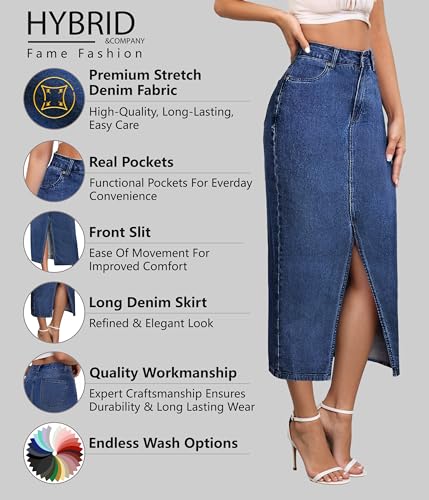 Women's Long Denim Skirt – Stretch Jean Skirt for Office and Casual Wear