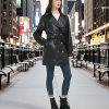 Women Faux Leather Long Jacket,Double Breasted Spring Fall Pleather Casual Lapel Mid Length Trench Coat with Belt