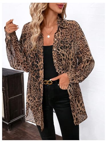 Women's Leopard Cheetah Sheer Mesh Button Down Shirt Long Sleeve Drop Shoulder Blouse Top