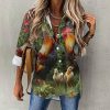 Chicken Rooster Garden Flowers Womens Button Down Shirts Long Sleeve Dress Shirts Casual Blouses Irregular Hem Tops
