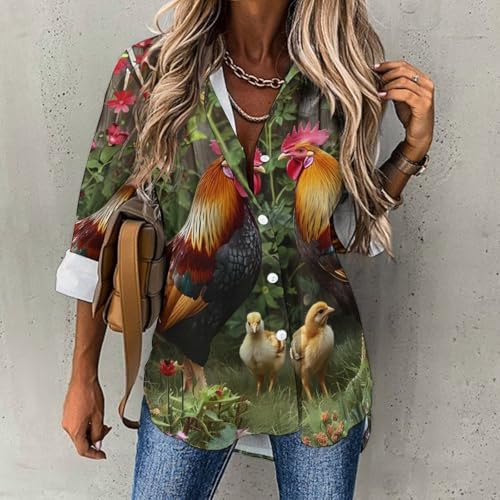 Chicken Rooster Garden Flowers Womens Button Down Shirts Long Sleeve Dress Shirts Casual Blouses Irregular Hem Tops