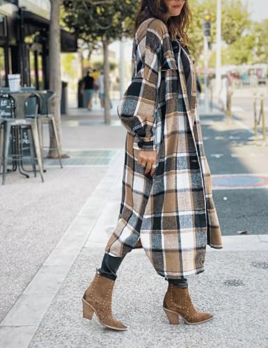 Women Fall Flannel Plaid Shacket Jacket Oversized Button Down Long Shirt Jacket